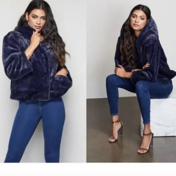 Good American | NWT Navy Blue Living Lavish Plush Faux Fur Coat Size S/M - Picture 1 of 11